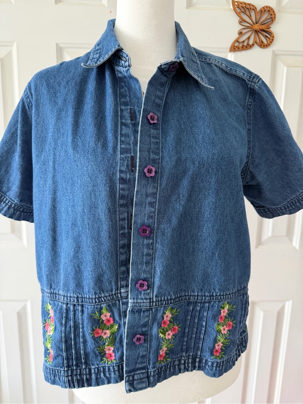 Erika Denim Button-Down Shirt with Pink Floral Embroidery and Purple Buttons